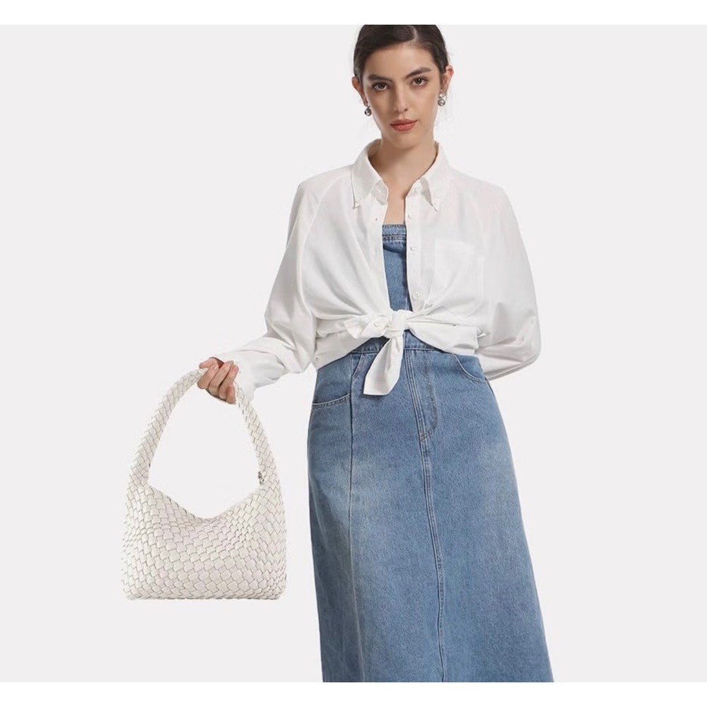 White Woven Vegan Leather Hobo Shoulder Bag with Removable Pouch